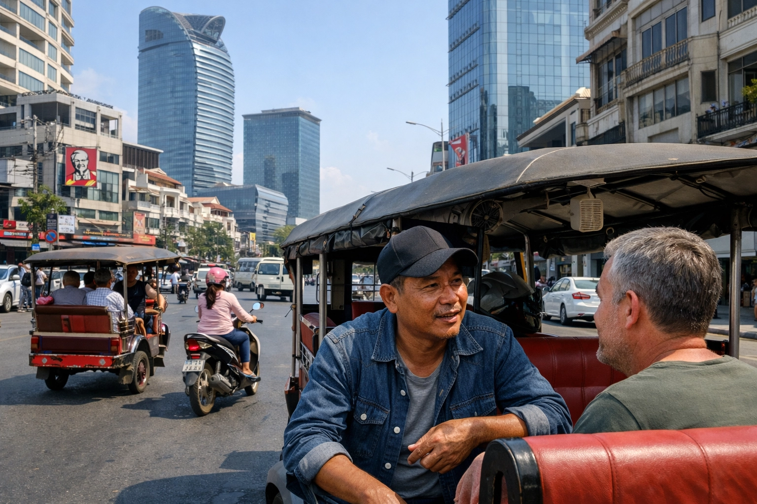 Busy Phnom Penh street with tuk-tuks and motorbikes under midday light, illustrating daily Christian sanctification and spiritual growth in Cambodia.