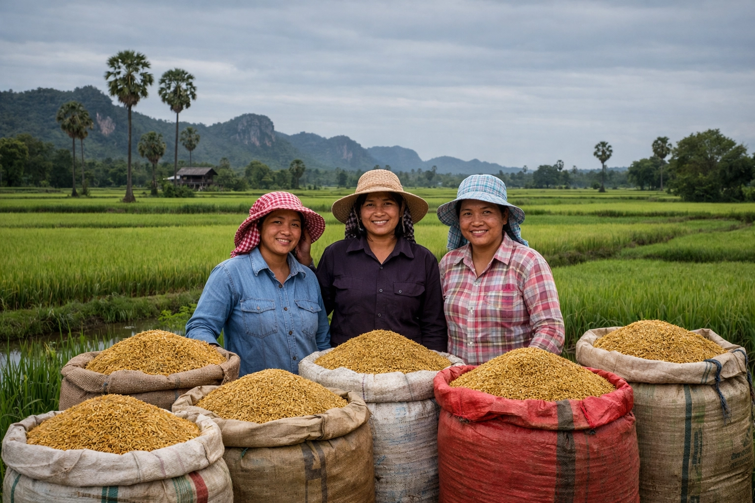 Women farmers in Battambang with a rice harvest, a visual for inspirational christian articles on God's abundance.