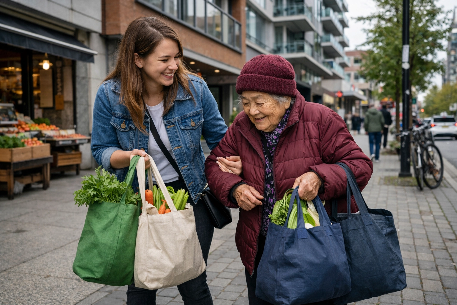 A young woman helps an elderly neighbor with groceries, showing how faith works through love.