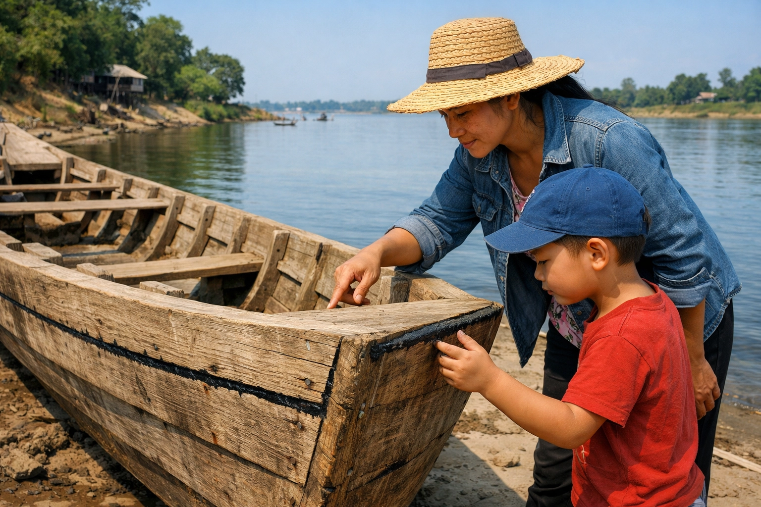A woman and child inspect a wooden boat on the Mekong River, illustrating trust and faith.