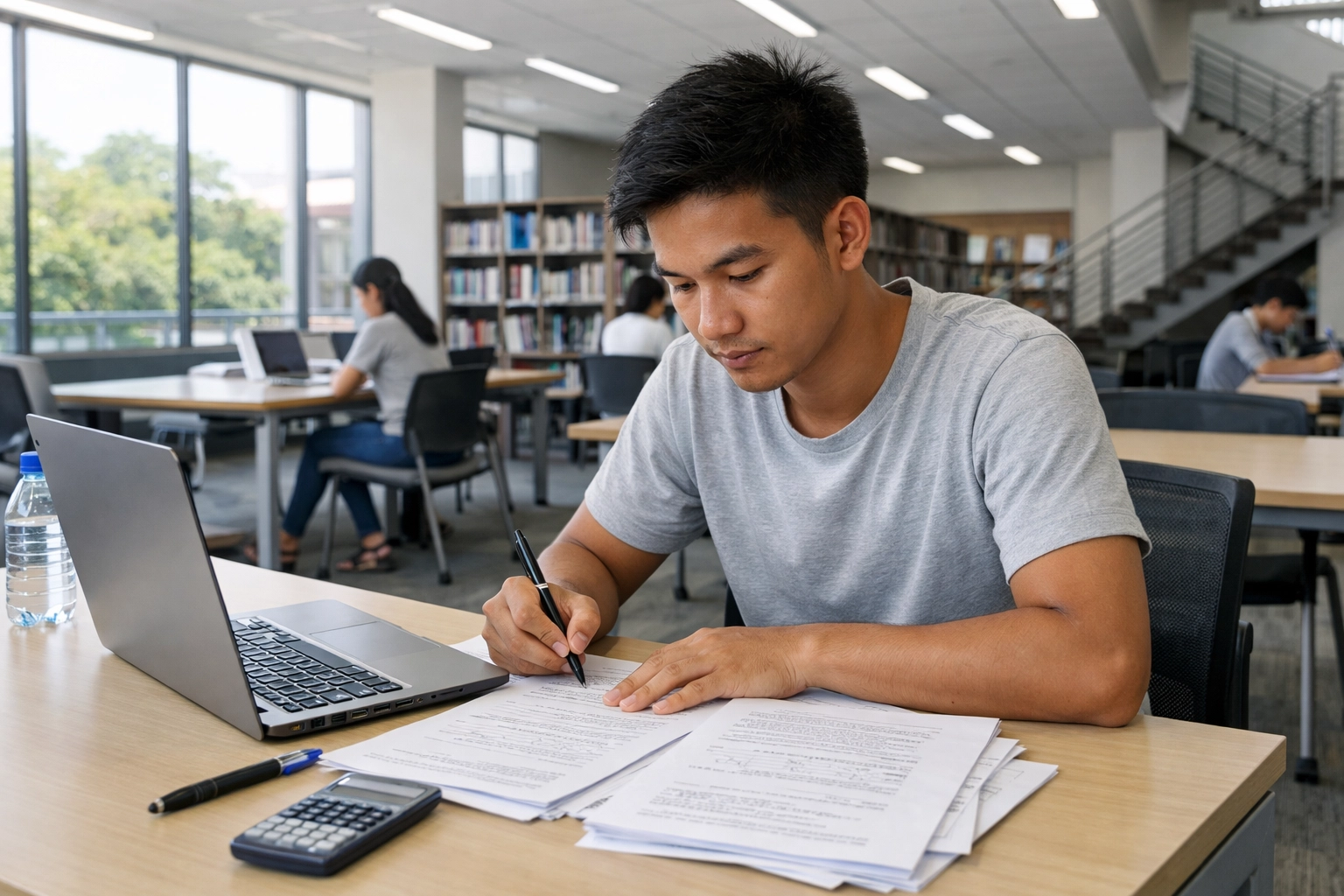 Siem Reap university library scene with a student studying with integrity, reflecting Christian sanctification and spiritual growth in Cambodia.