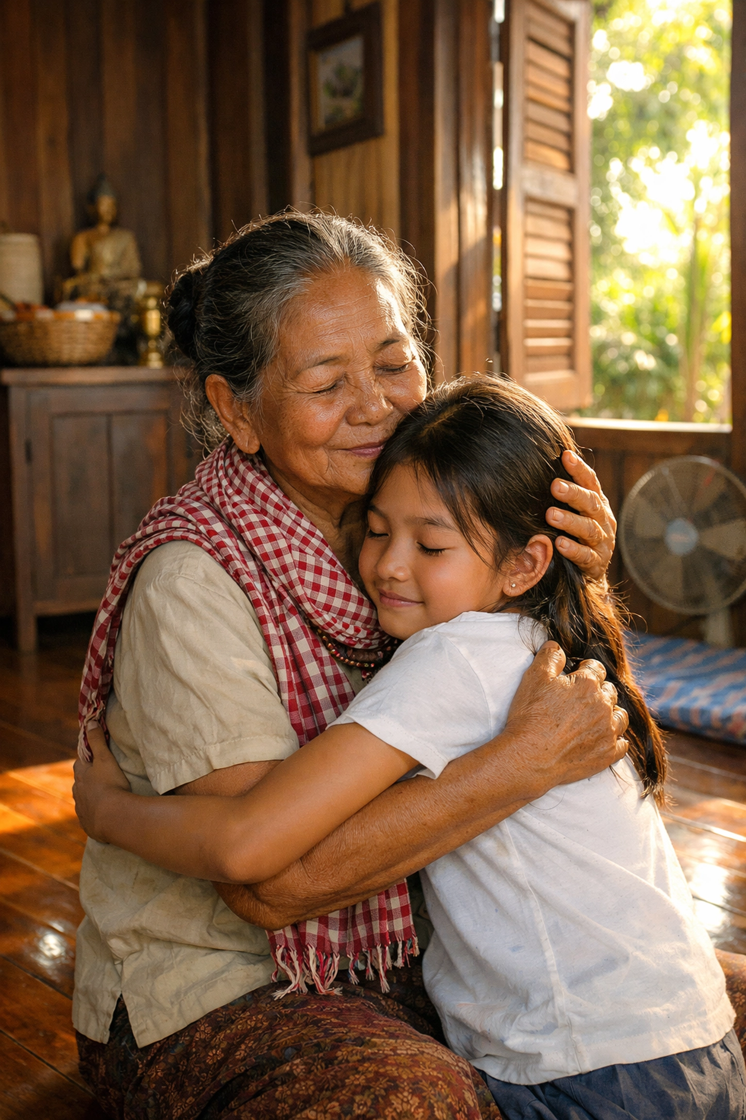 An elderly Cambodian woman embraces a young girl, illustrating the peace of forgiveness and reconciliation with God.