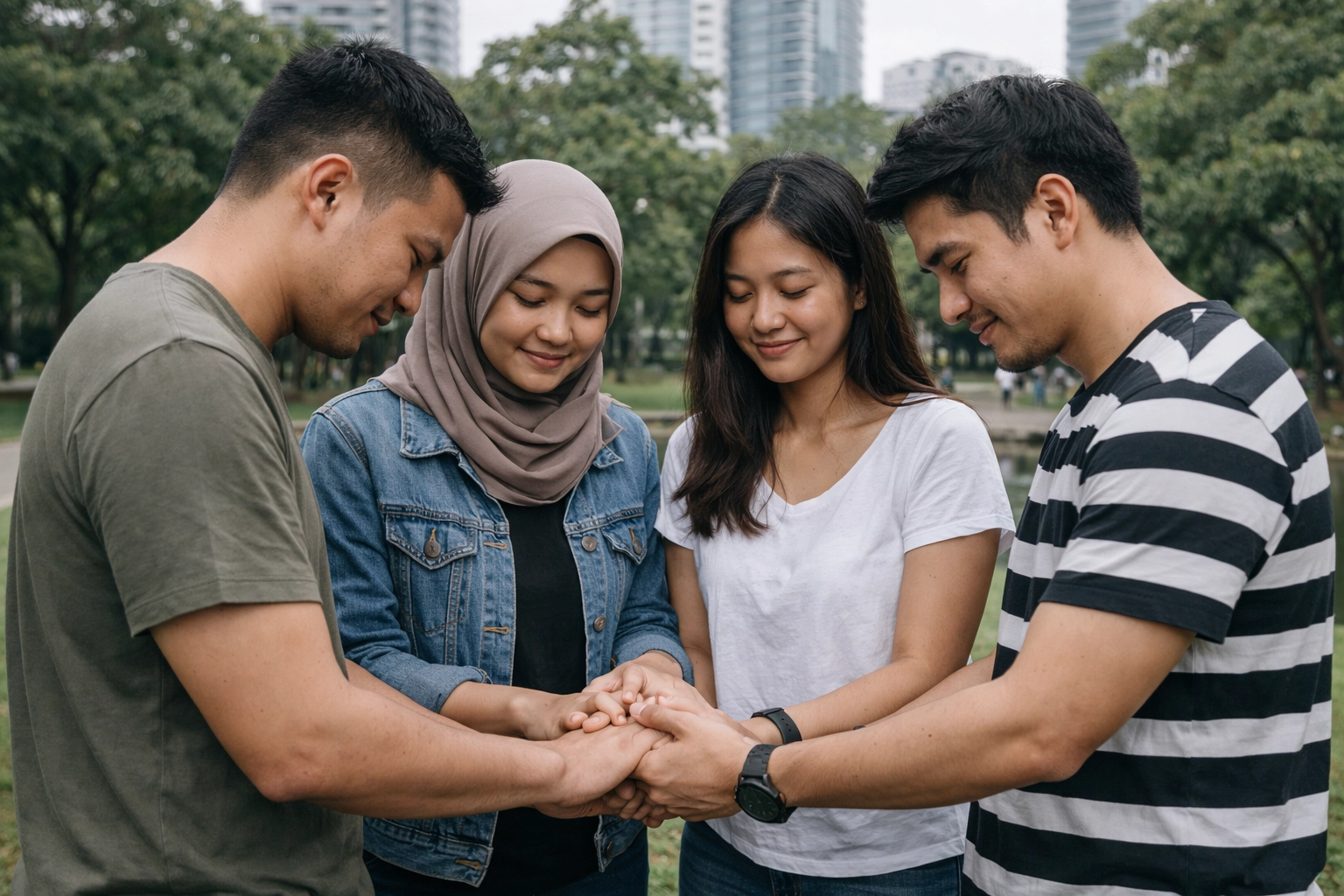A diverse group of Southeast Asian friends outdoors in a city park, phones away, talking and praying together in neutral daylight.