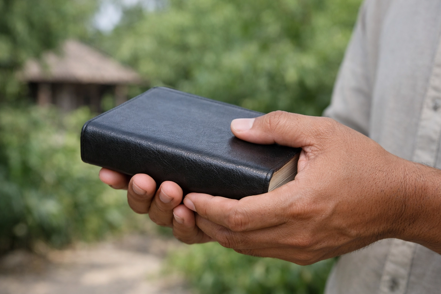 Hands holding an open Bible outdoors in soft daylight.