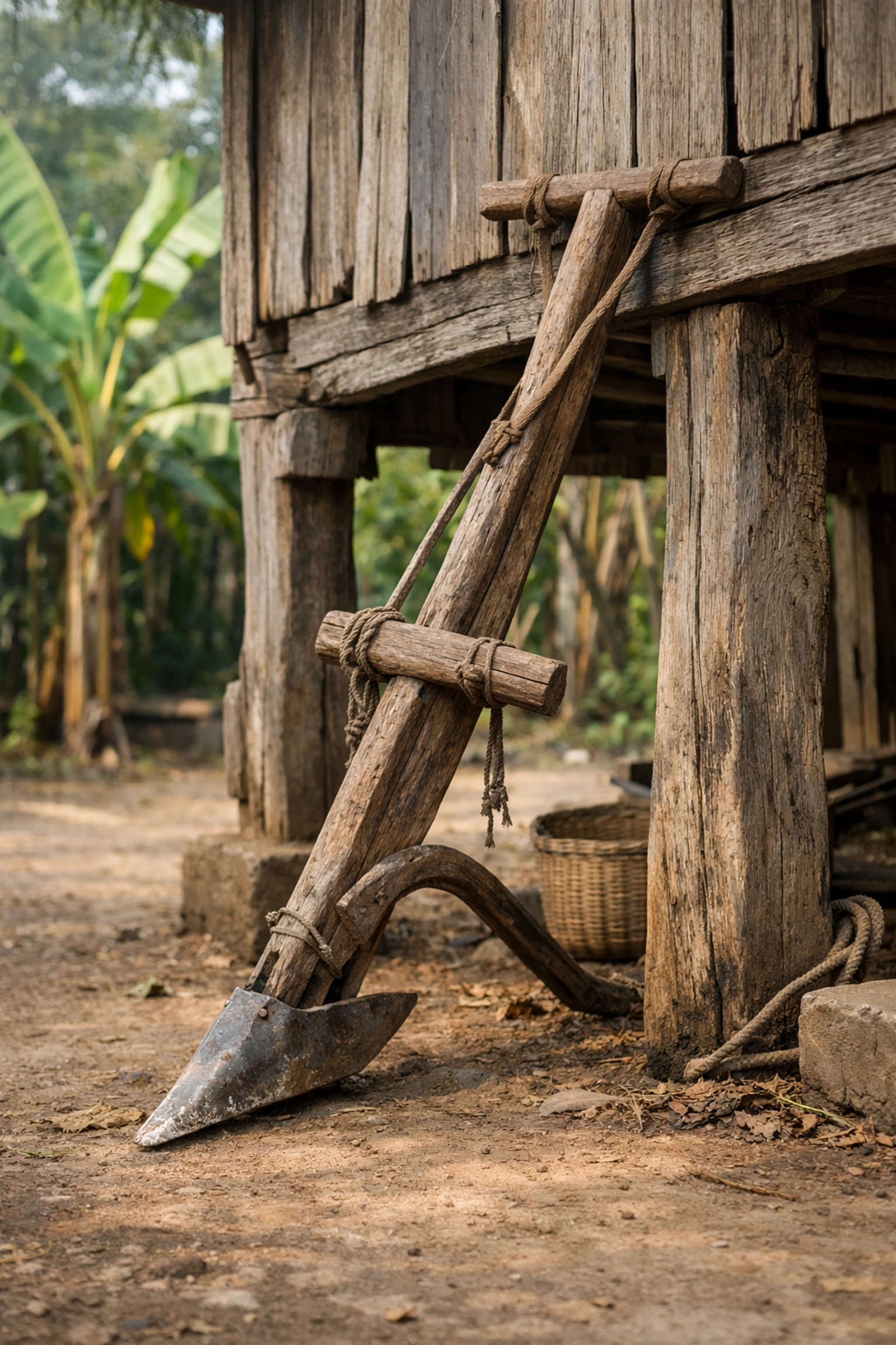 A traditional Cambodian wooden plow in a village, symbolizing reliance on God over self.