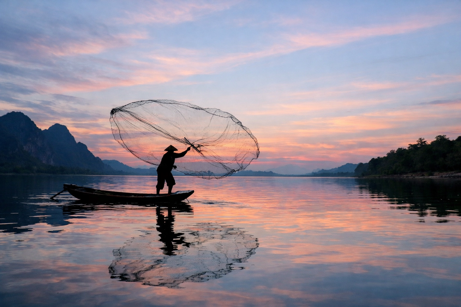 A fisherman casting a net on the Mekong River, illustrating total trust in God's provision.