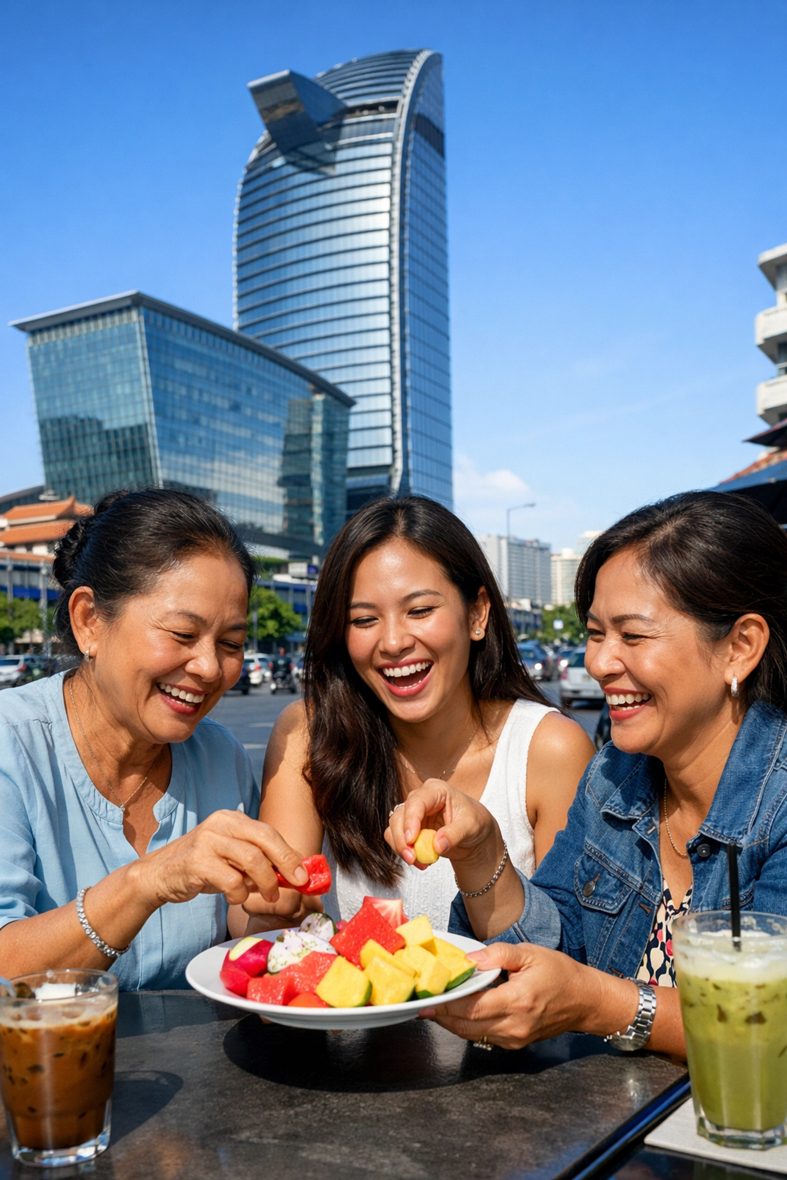 Cambodian women sharing faith and joy in a Phnom Penh cafe, showing we belong in God's family.