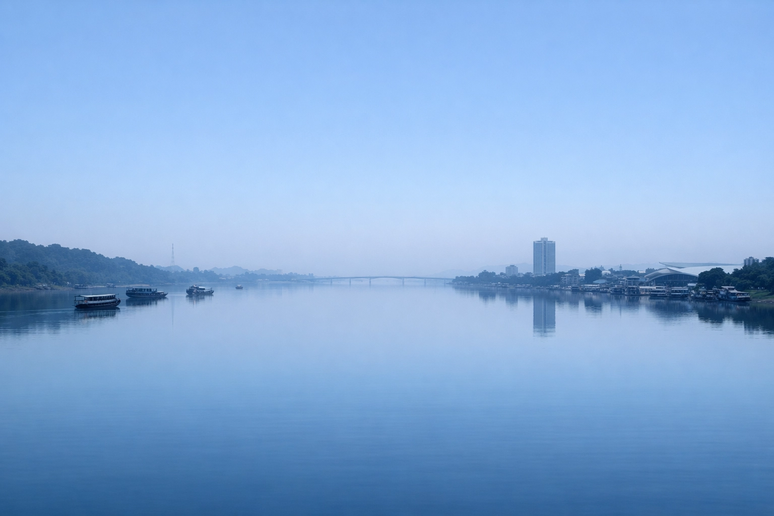 Calm waters of the Mekong River under a clear sky, symbolizing the freedom of releasing bitterness.