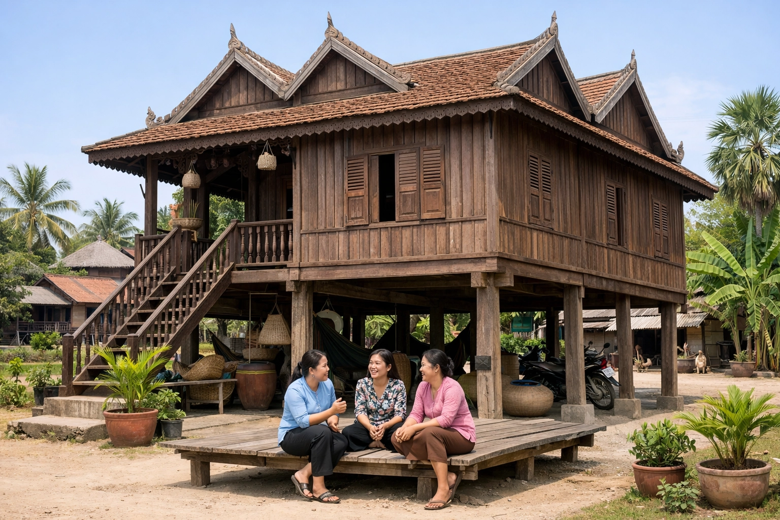 Faith and joy with daily Christian encouragement shown through Cambodian women outside a realistic midday rural stilt house in Cambodia.