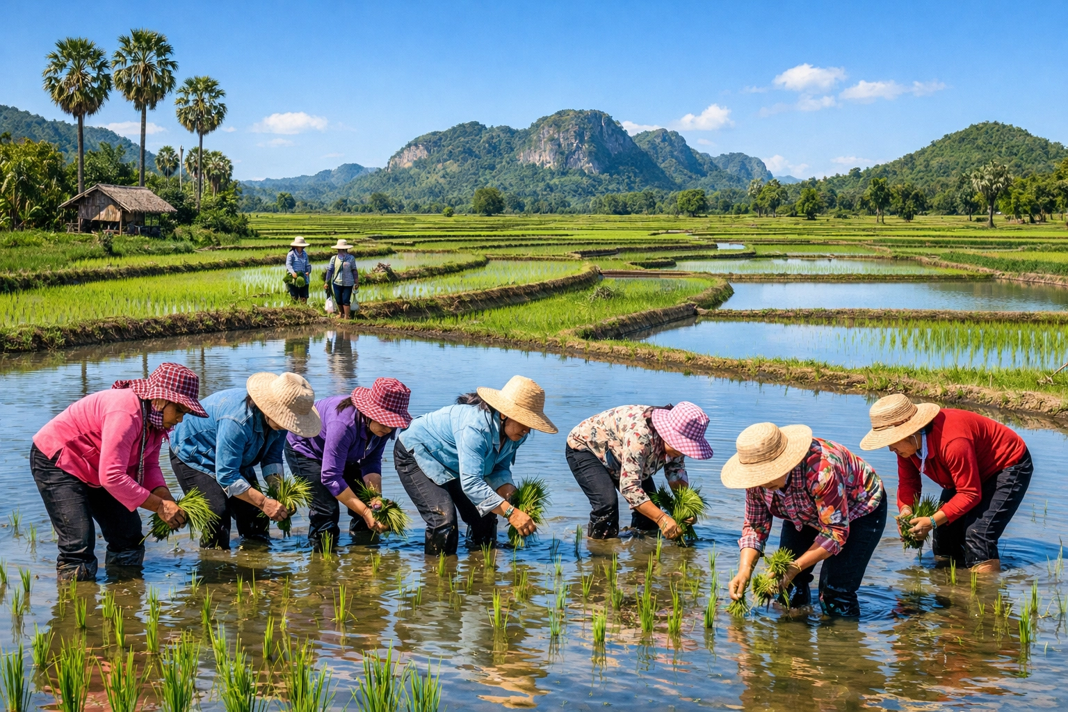 Collaborative work in a Cambodian rice field illustrating faithfulness to Jesus' command to share the gospel.
