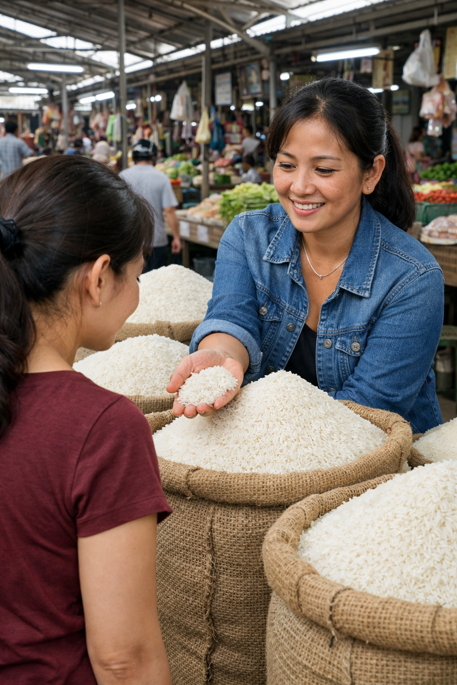 Sacks of pure jasmine rice at a Phnom Penh market representing the trustworthy nature of God's Word.