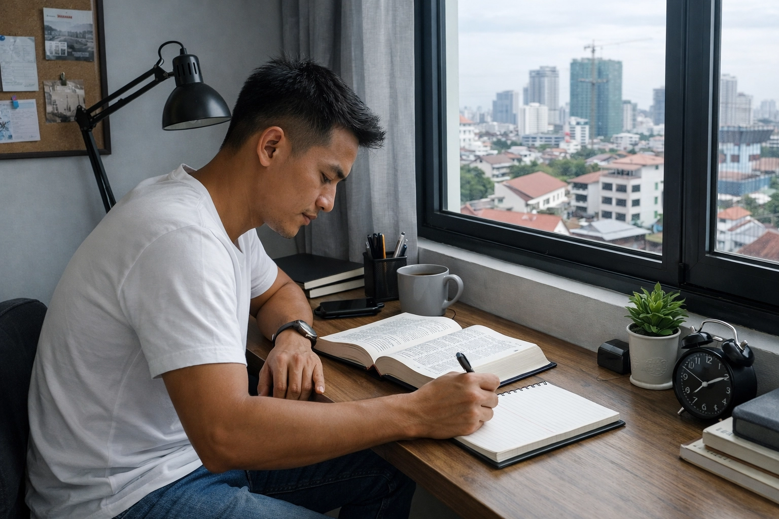 Modern Phnom Penh apartment desk with an open Bible and notebook, representing Christian sanctification and spiritual growth in Cambodia.