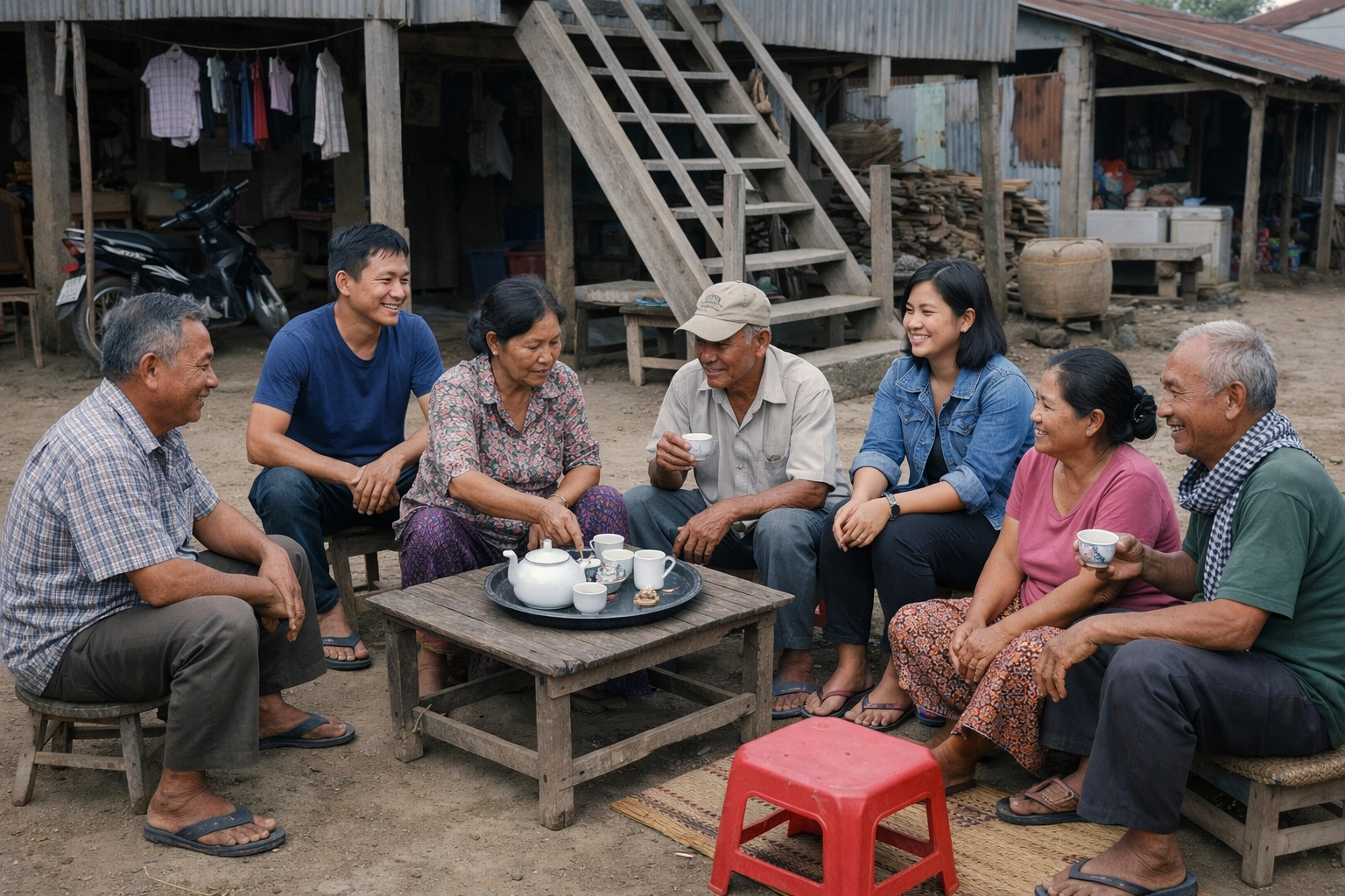 Photo-realistic image of neighbors in a Cambodian village sitting outside sharing tea and talking together in a friendly community scene