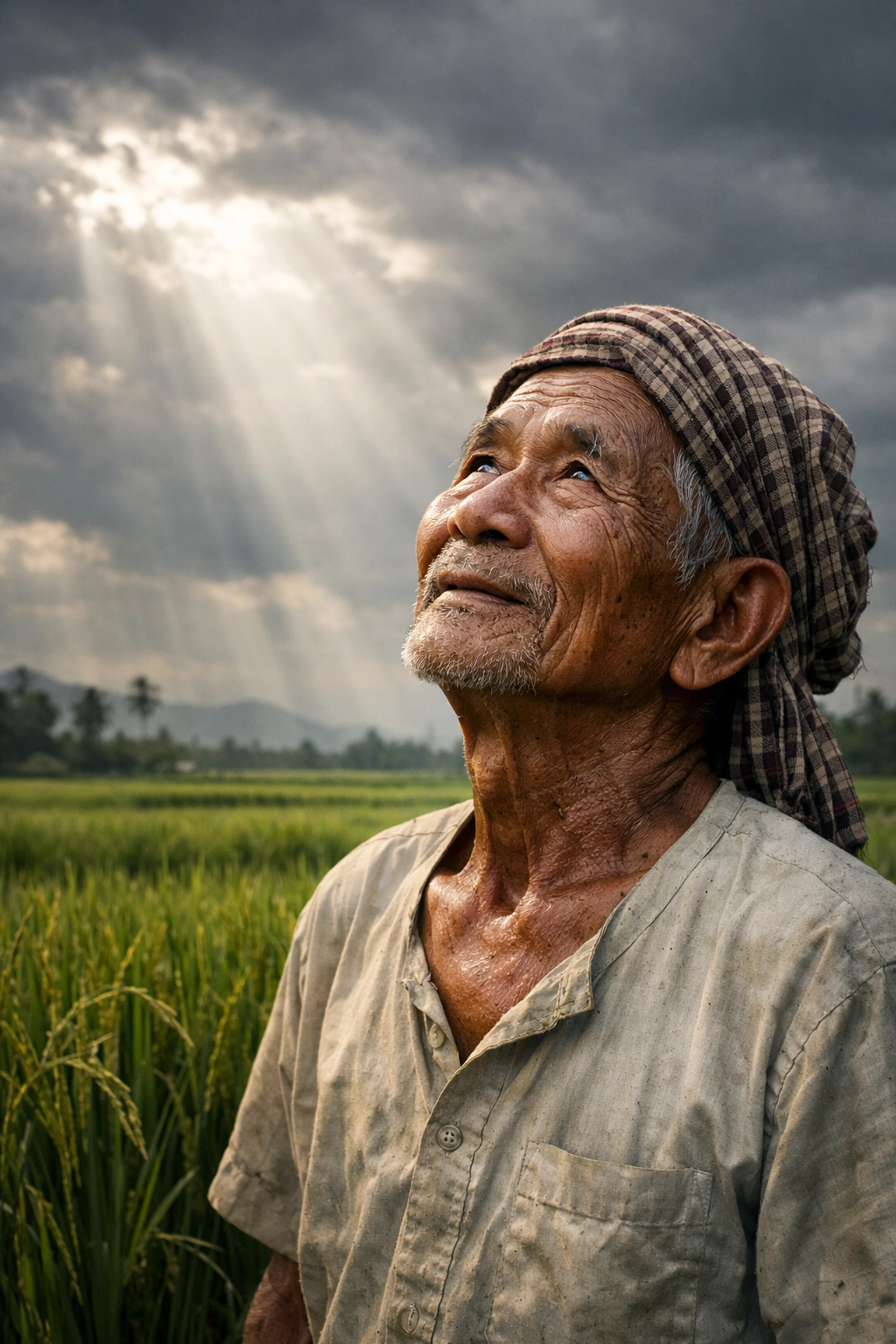 Elderly Khmer man looking toward heavenly light, seeking the gift of divine wisdom from God.