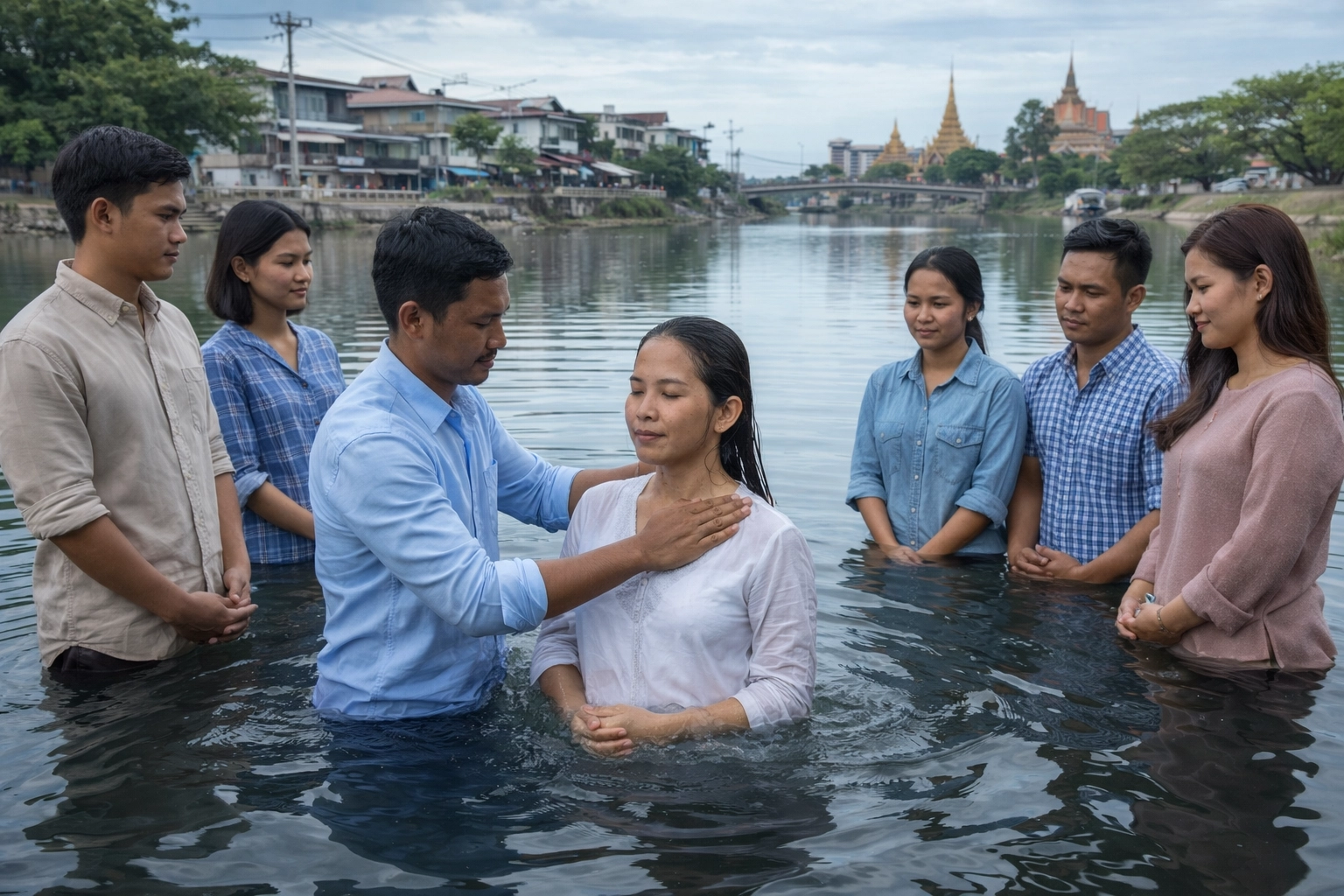Christian baptism in Cambodia with believers gathered by calm water in a modern local setting, representing born again faith and new life in Jesus