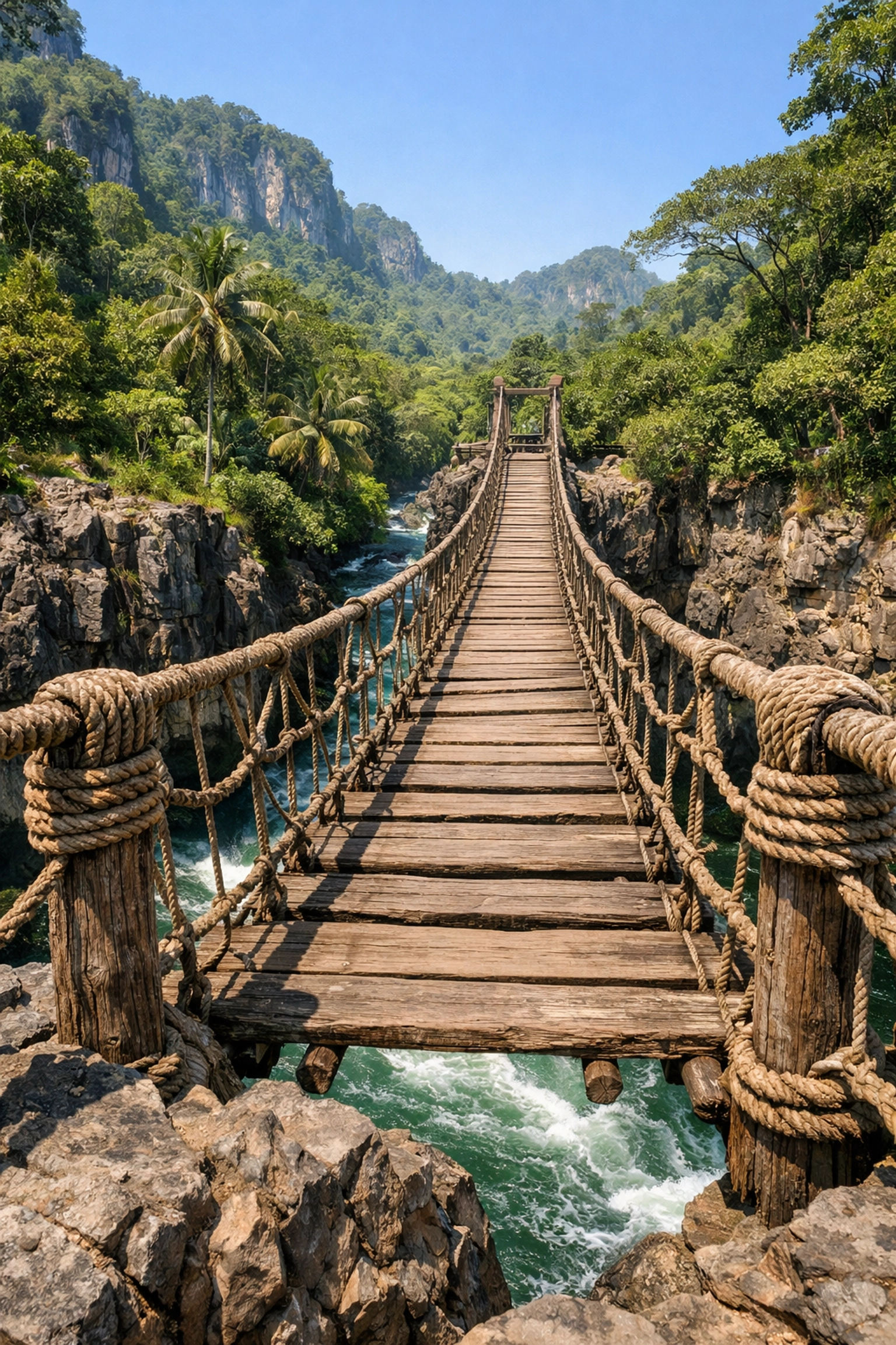 A photorealistic scene of a bridge over a chasm or a heartfelt embrace in a Cambodian village, illustrating the concept of Christian atonement and reconciliation with God.