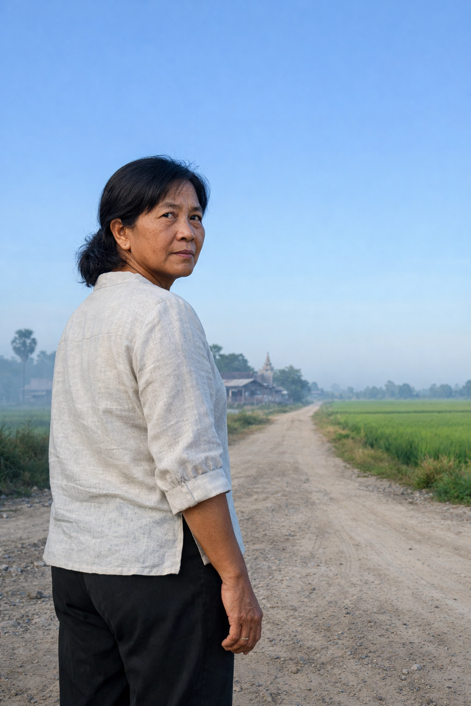 A woman at a Cambodian crossroads looking back toward a village, representing repentance and the decision to turn to God.