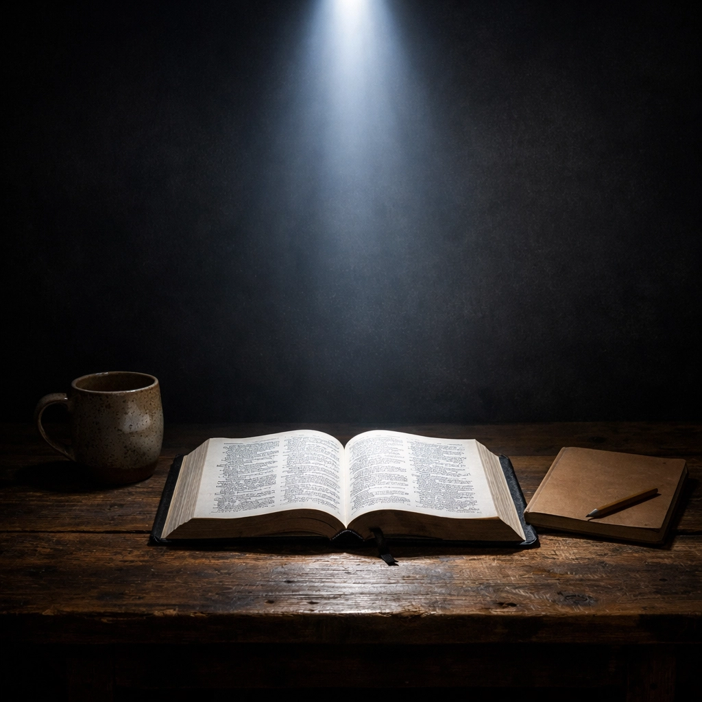 A simple wooden desk with an open Bible and a notebook. A small lamp provides soft light.