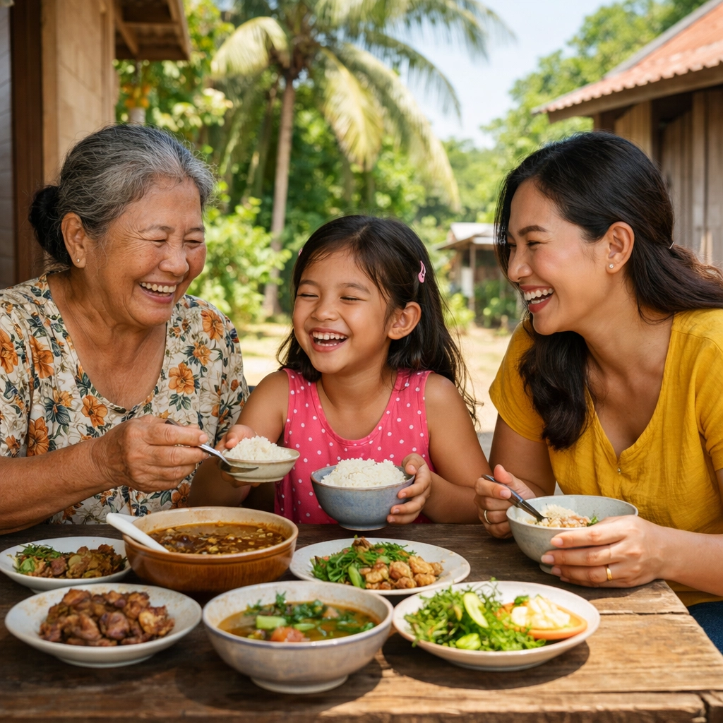 Cambodian family sharing a meal, illustrating the faith and joy found in relational love.