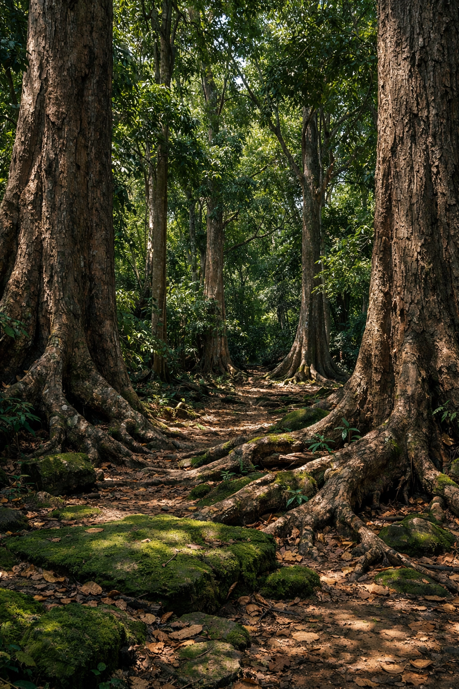 Serene Cambodian forest with tall trees, symbolizing strong faith, spiritual growth, peace and faith, and the Armor of God in Christian personal development