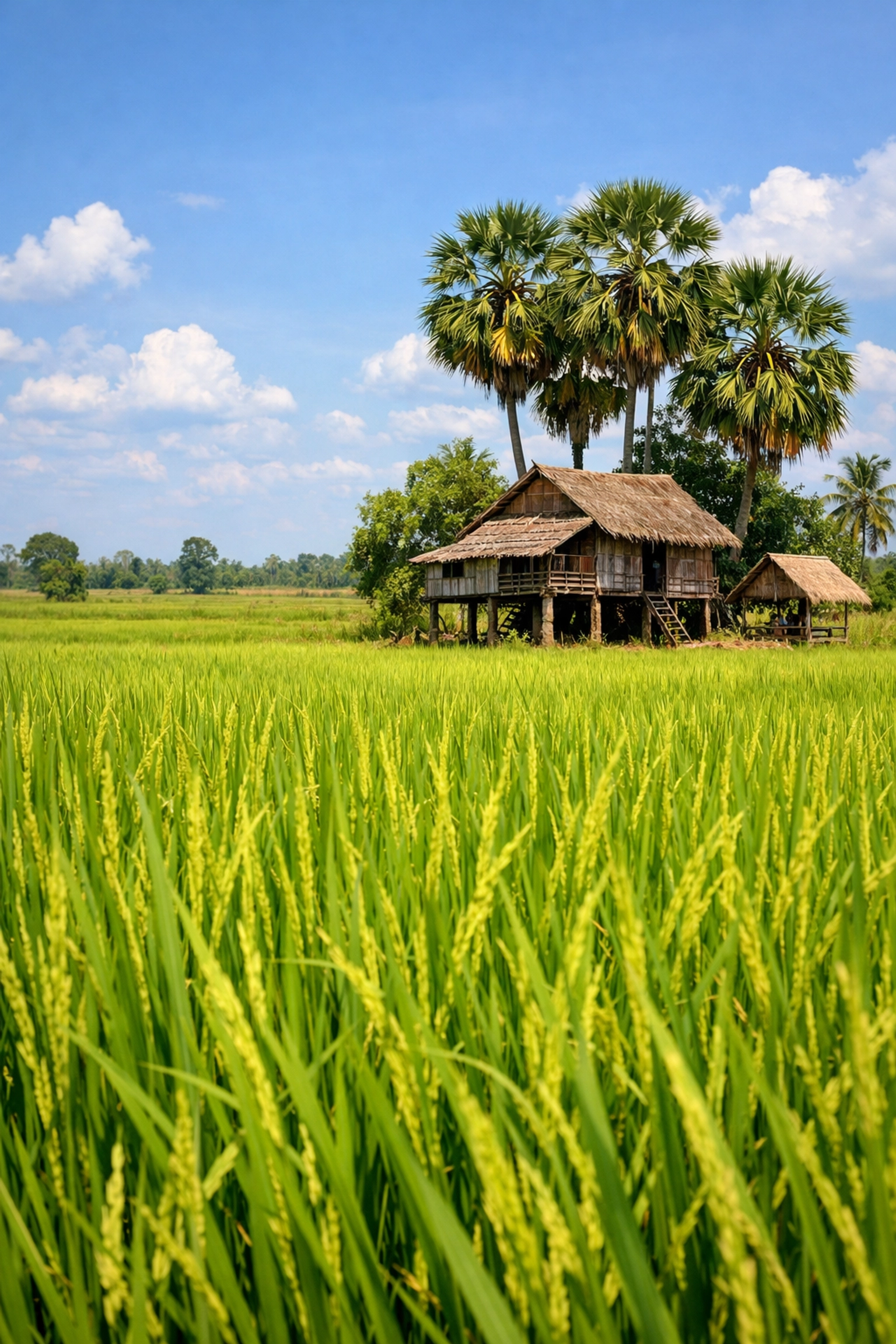 Peaceful rural Cambodian rice fields and traditional stilt house, reflecting peace and faith, spiritual growth, and Christian personal development in the Armor of God