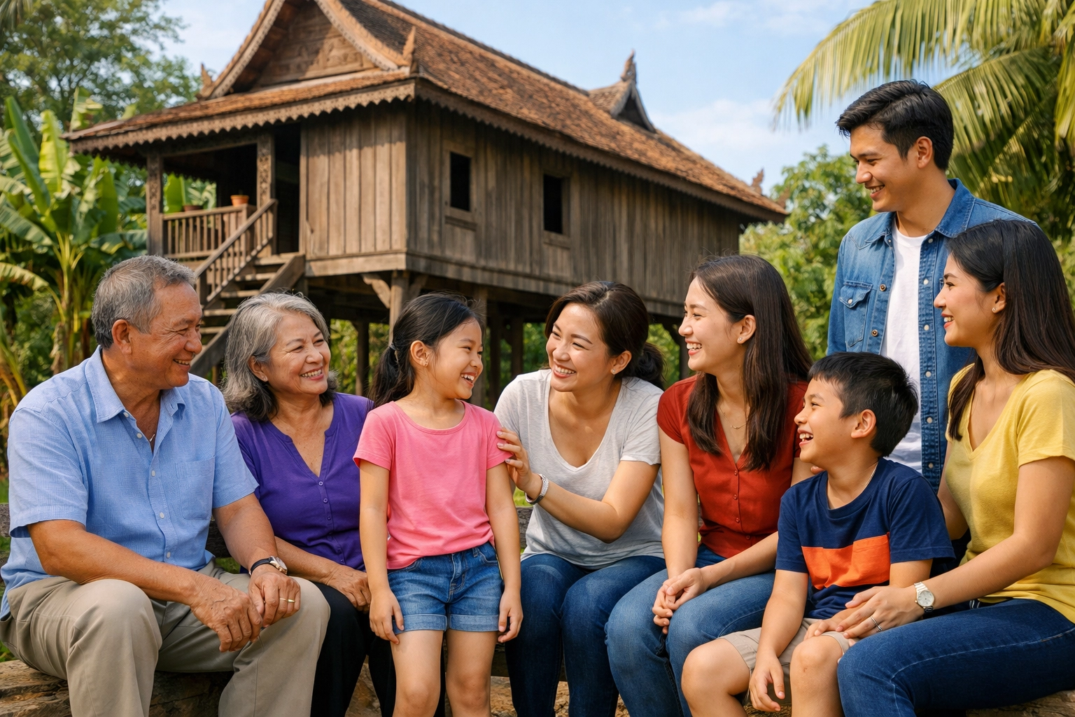 A Cambodian family gathering, reflecting the strength of faith in a Christian community online.