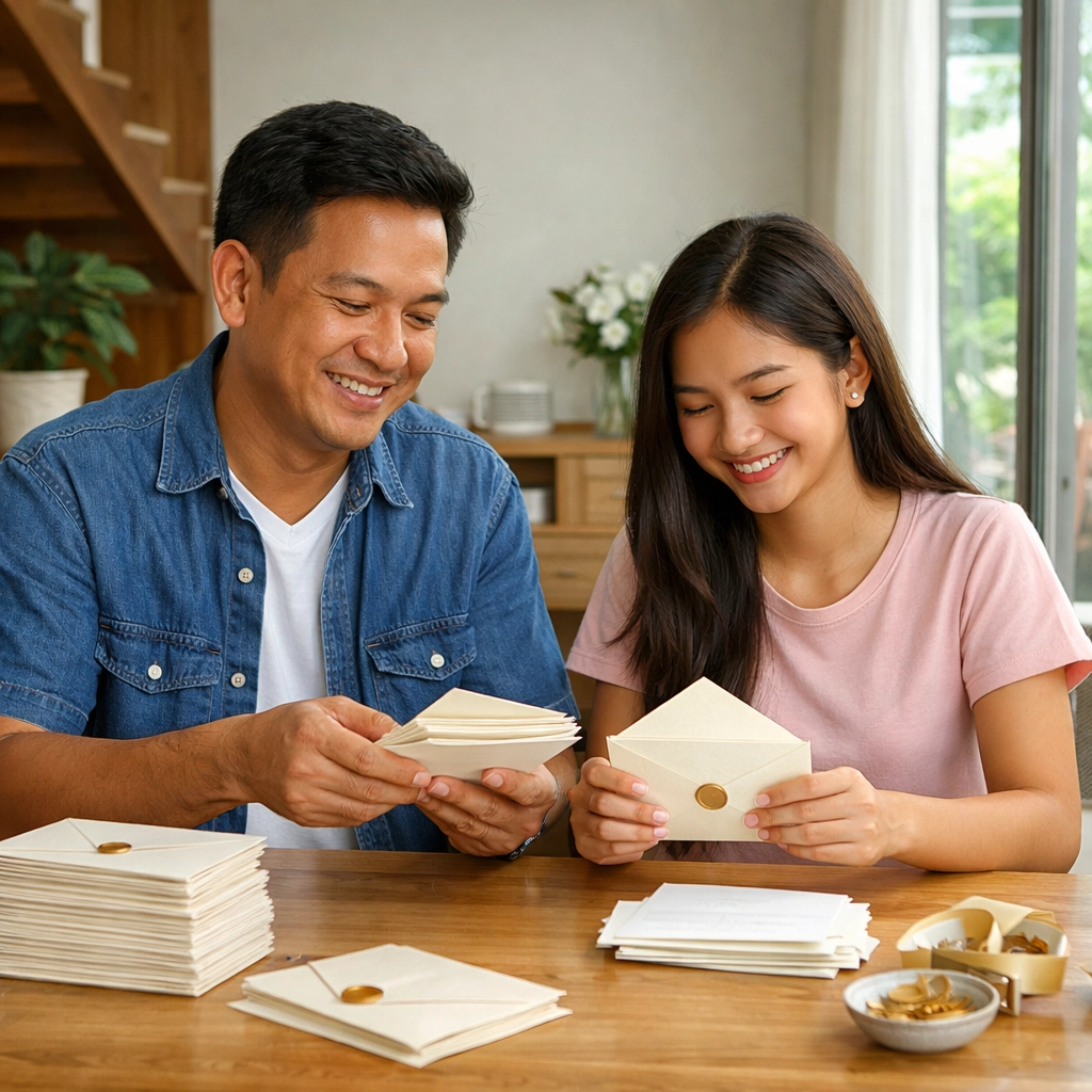 Cambodian family preparing invitations, illustrating God's eternal choice and the doctrine of predestination.