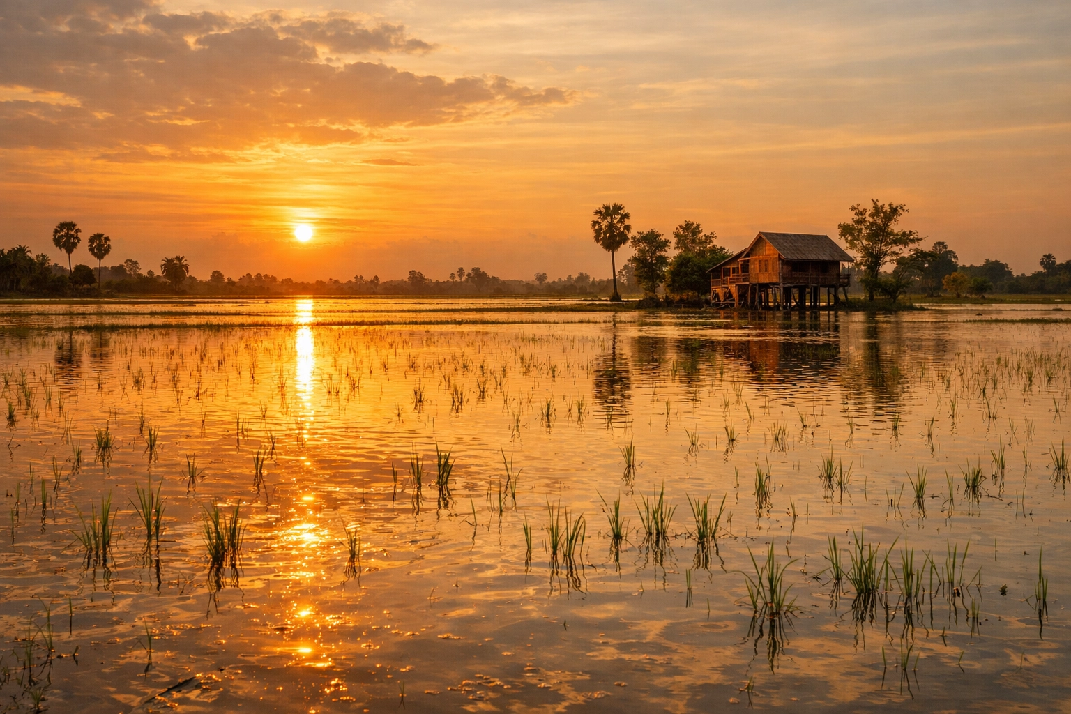Salvation through faith: Flooded rice field in Battambang symbolizing God's rescue and grace.