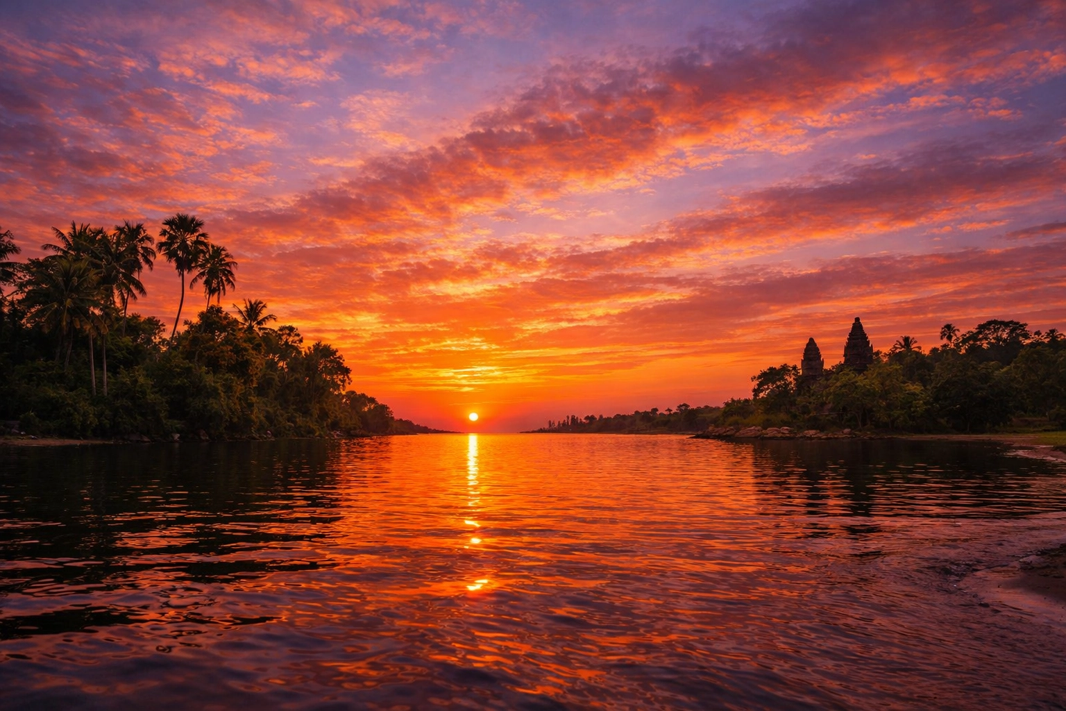A peaceful sunset over water in Cambodia, with warm colors reflected in calm waves.