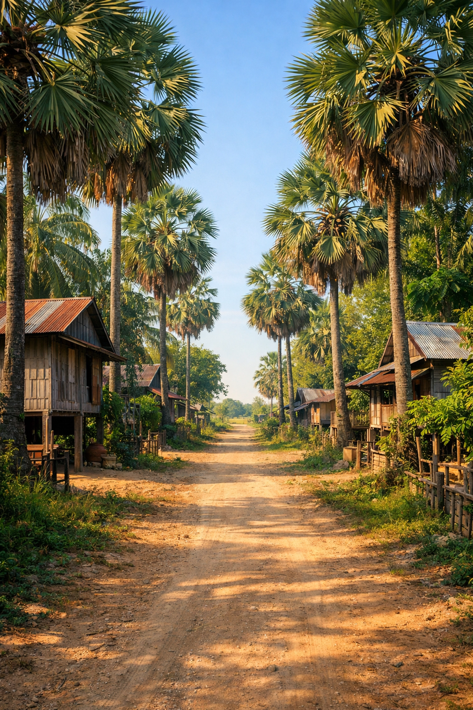 A sunlit dirt path in a Cambodian village, showing the straight path of a God-directed journey.
