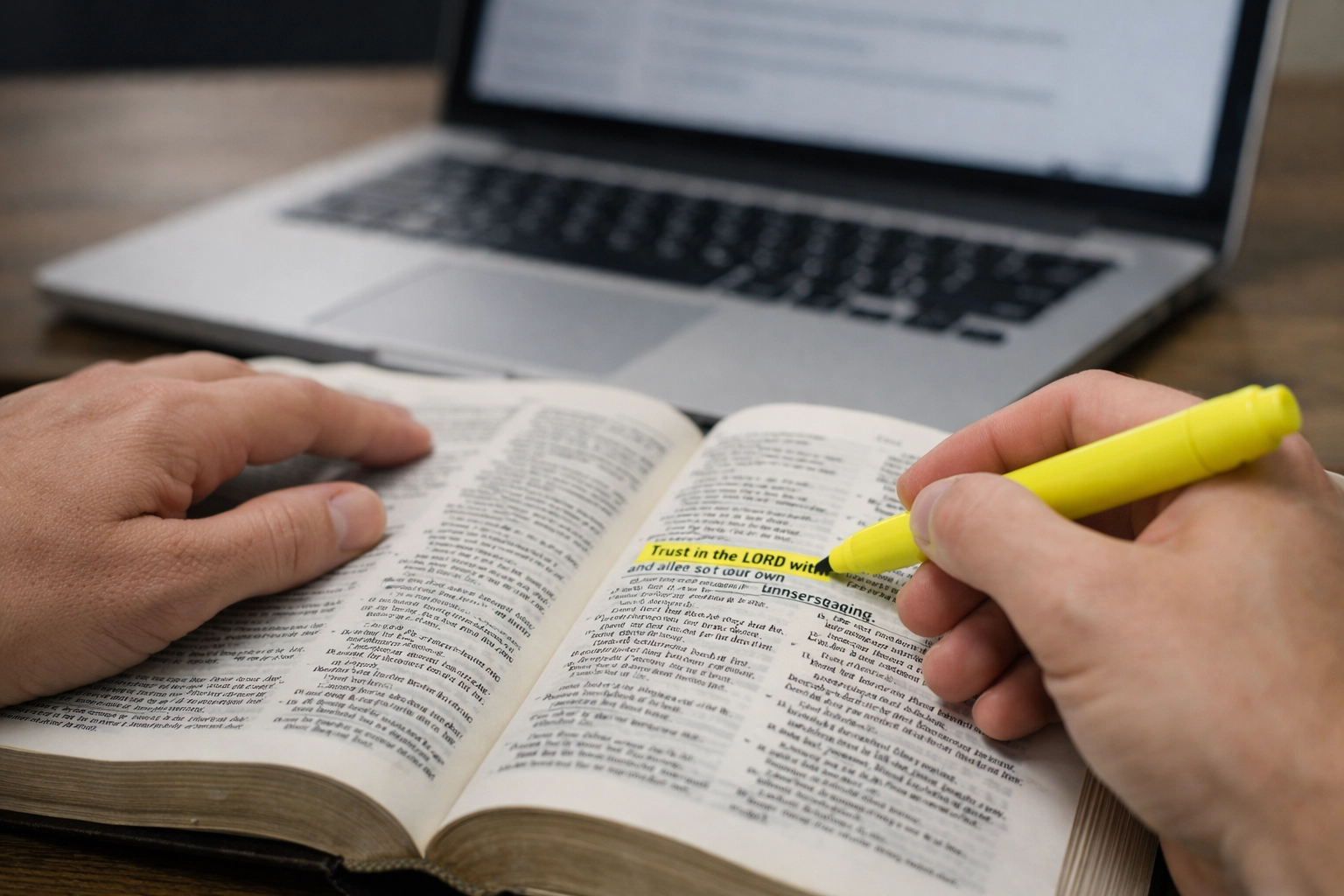 Close-up of hands highlighting a verse in an open Bible with a laptop blurred in the background, neutral indoor lighting.