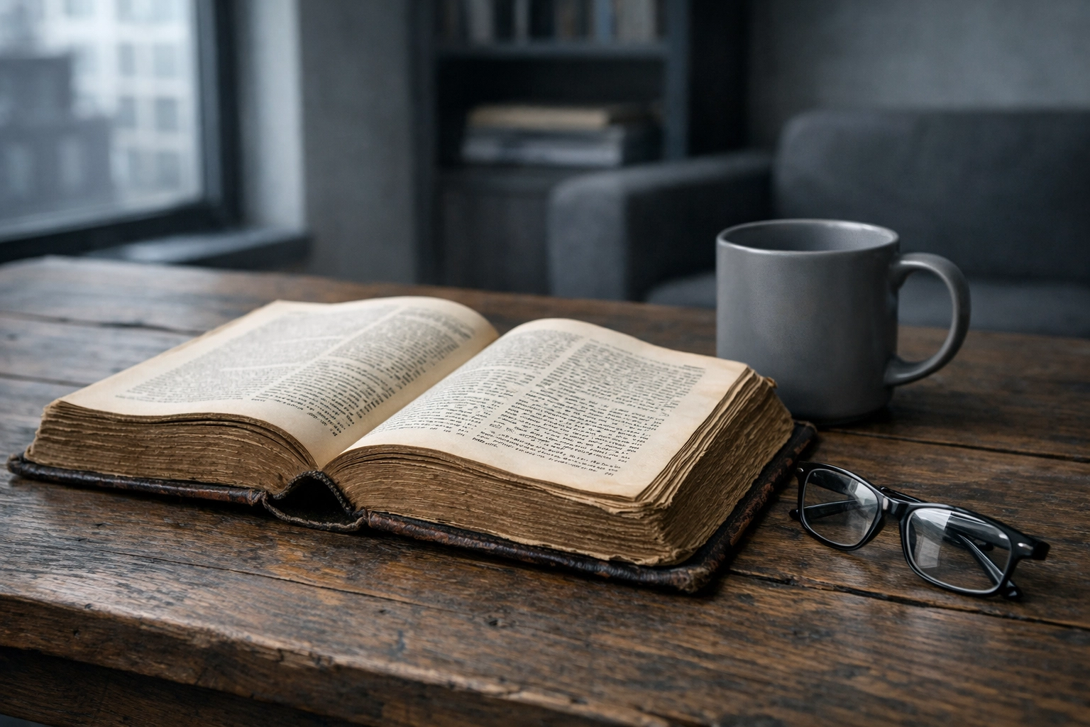 An open Bible on a wooden table in a quiet room, focusing on God’s grace and eternal forgiveness.
