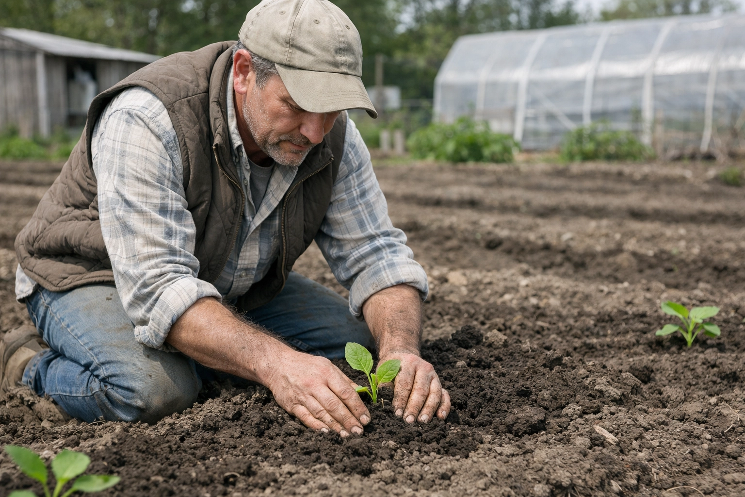 Photorealistic person kneeling and planting a seedling in rich soil in neutral daylight.
